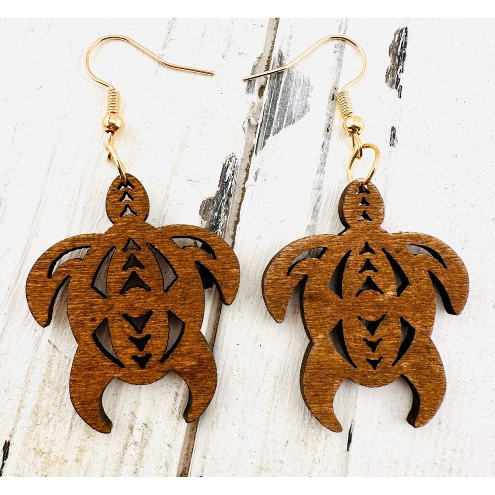 Sea Turtle Earrings Chestnut Stained Wood Gold Plated Ear Wires